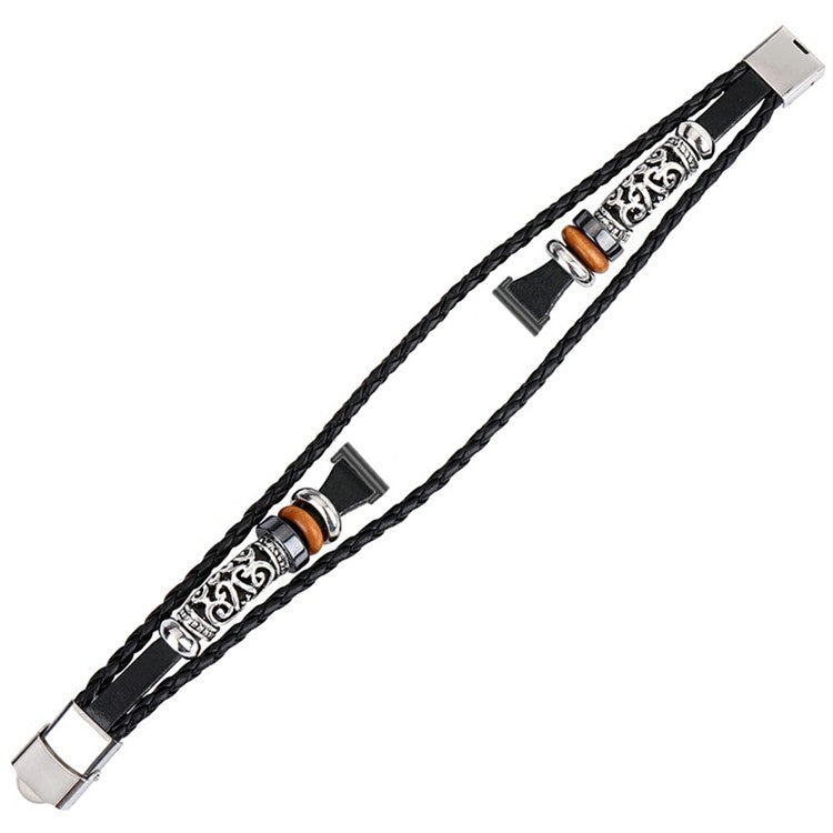 For Garmin Lily 2 Ethnic Band Bracelet Leather+Metal Wrist Strap - Black