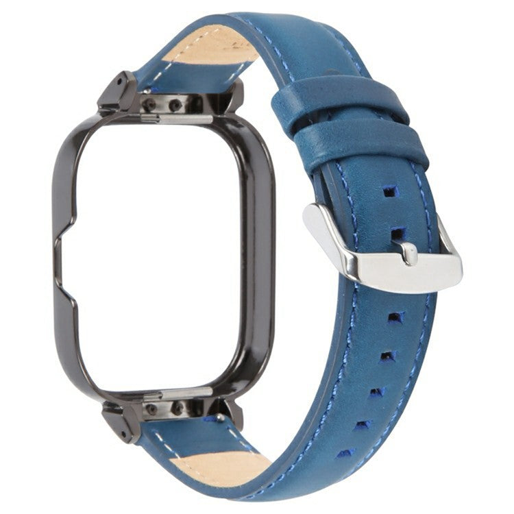 For Xiaomi Redmi Watch 4 Genuine Cow Leather Replacement Strap with Black Metal Watch Case - Blue