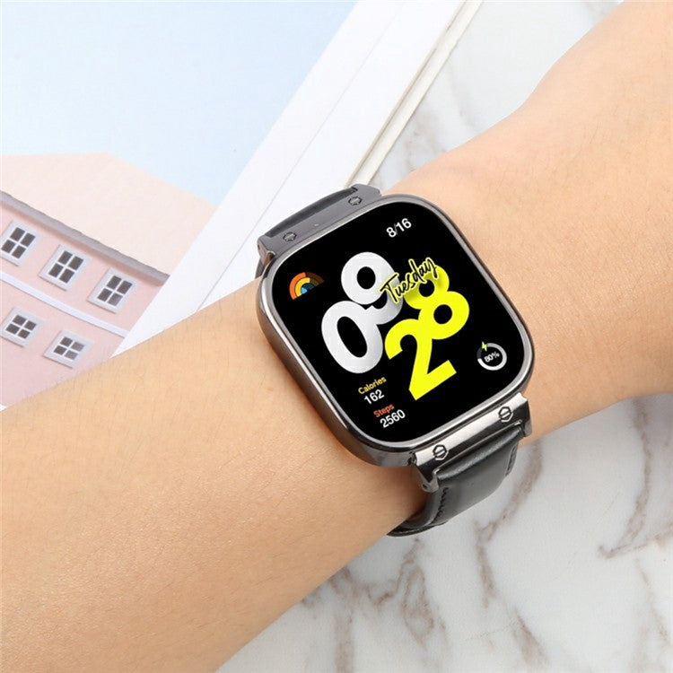 For Xiaomi Redmi Watch 4 Genuine Cow Leather Replacement Strap with Black Metal Watch Case - Blue