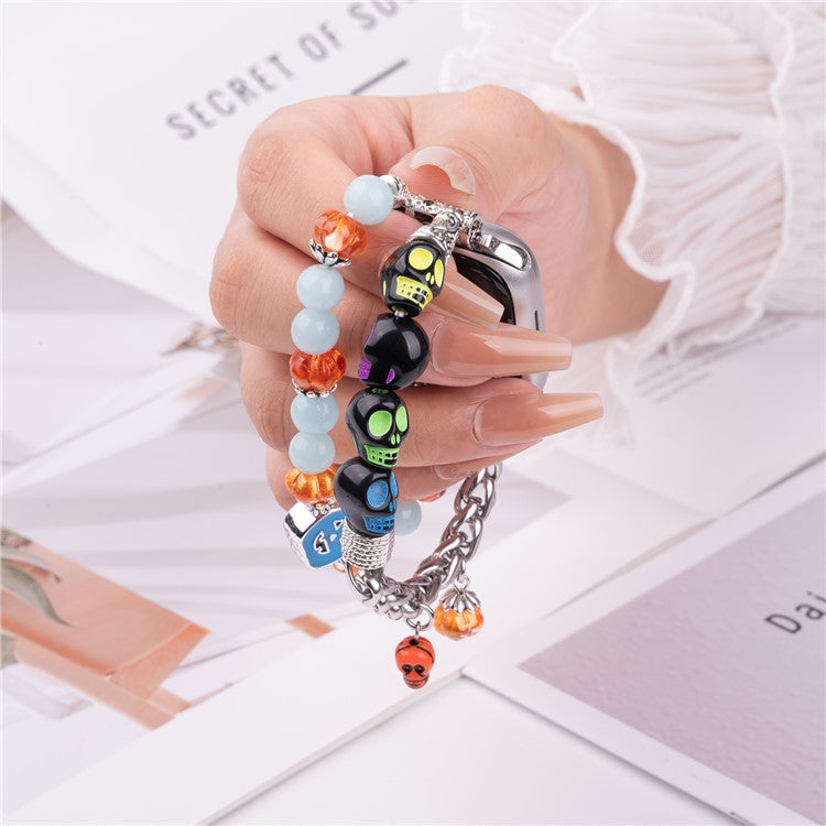 Glowing Strap for Apple Watch Series 10 9 8 7 SE 6 5 4 3 2 1 42mm 41mm 40mm 38mm with Pumpkin Skull Charm - Colorful Skull