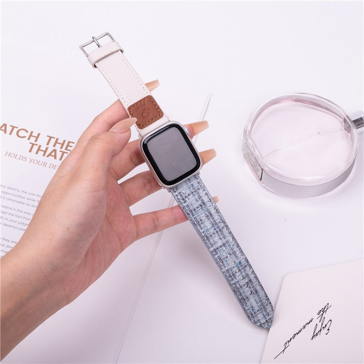 Wool + Leather Strap for Apple Watch Series 10 42mm  /  9 8 7 41mm  /  SE (2023) SE (2022) SE 6 5 4 40mm  /  3 2 1 38mm - Blue+White
