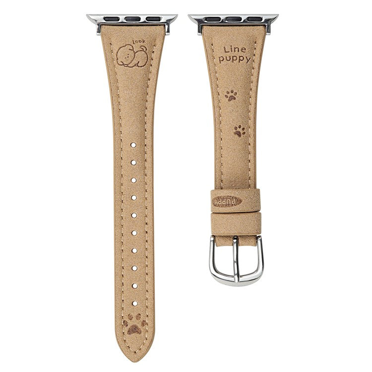 Dog Pattern Leather Band for Apple Watch Series 10 Ultra 9 8 7 SE 6 5 4 3 2 1 46mm 49mm 45mm 44mm 42mm - Khaki