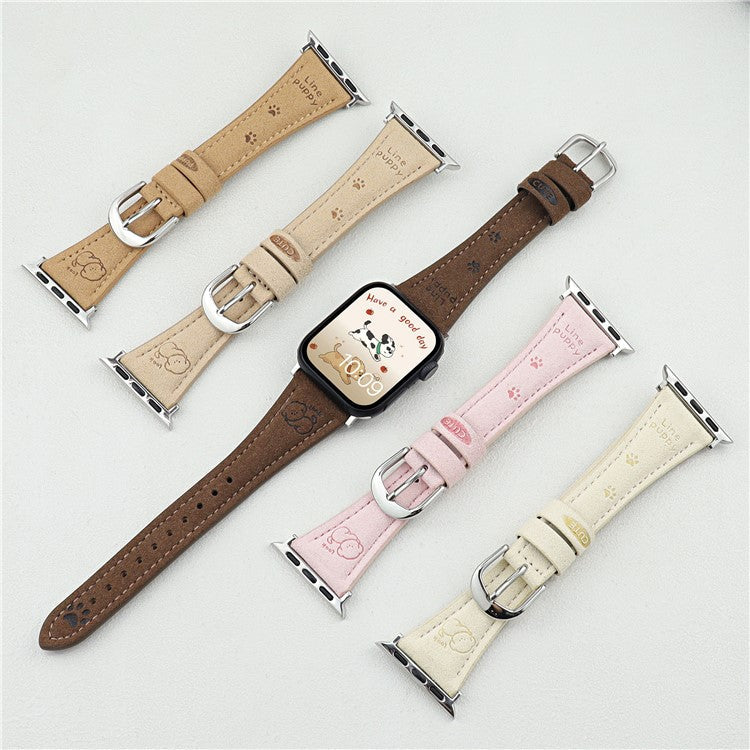 Dog Pattern Leather Band for Apple Watch Series 10 Ultra 9 8 7 SE 6 5 4 3 2 1 46mm 49mm 45mm 44mm 42mm - Khaki