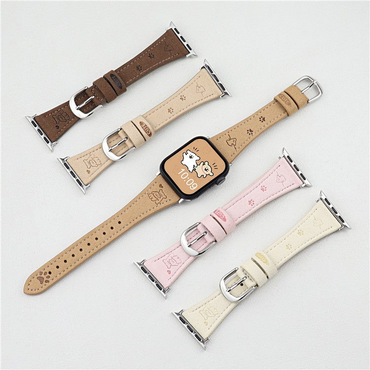 Puppy Paw Pattern Leather Strap for Apple Watch Series 10 9 8 7 SE 6 5 4 3 2 1 42mm 41mm 40mm 38mm - Apricot