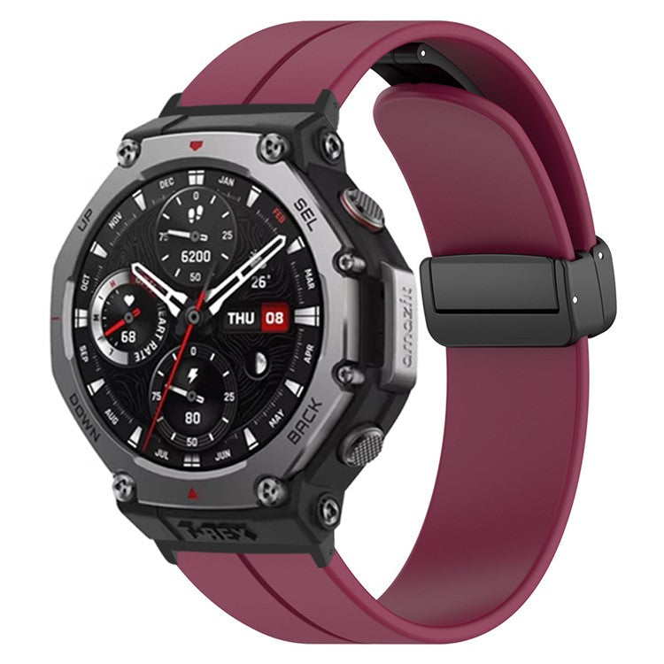 For Huami Amazfit T-Rex 3 Silicone Watch Band Magnetic Folding Buckle Wrist Strap (with Connector) - Wine Red