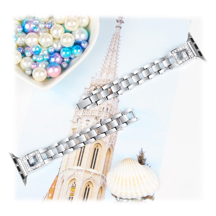 For Apple Watch Series 10 42mm / 9 8 7 41mm / SE (2023) SE (2022) SE 6 5 4 40mm / 3 2 1 38mm Watch Band G-Shape Rhinestone Decor - Silver