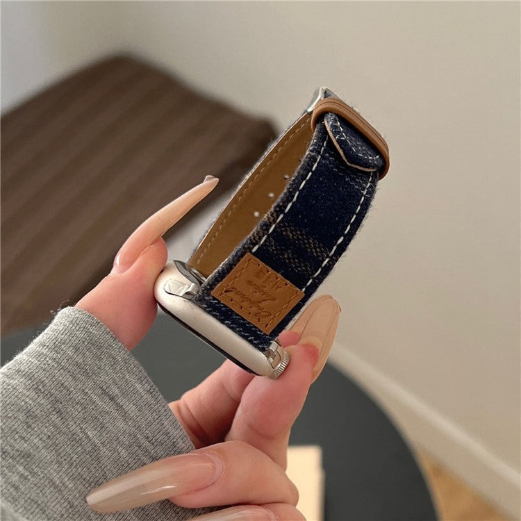 Wool + Leather Strap for Apple Watch Series 10 46mm / Ultra 2 / Ultra 49mm / 9 8 7 45mm / SE (2023) SE (2022) SE 6 5 4 44mm / 3 2 1 42mm - Blue