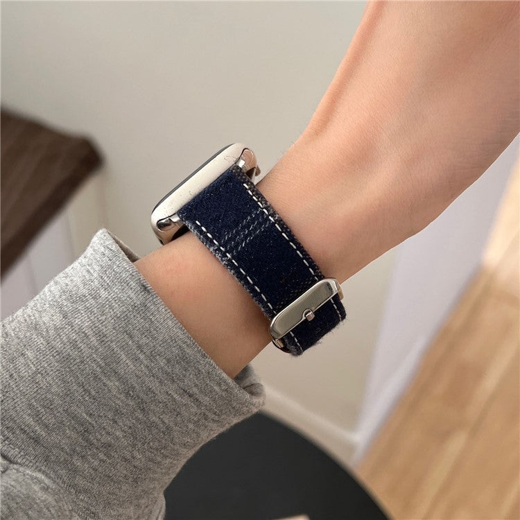 Wool + Leather Strap for Apple Watch Series 10 46mm / Ultra 2 / Ultra 49mm / 9 8 7 45mm / SE (2023) SE (2022) SE 6 5 4 44mm / 3 2 1 42mm - Blue