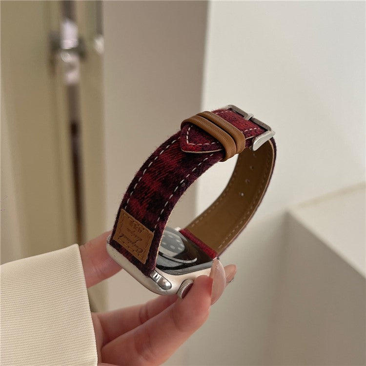 Wool + Leather Strap for Apple Watch Series 10 46mm / Ultra 2 / Ultra 49mm / 9 8 7 45mm / SE (2023) SE (2022) SE 6 5 4 44mm / 3 2 1 42mm - Wine Red