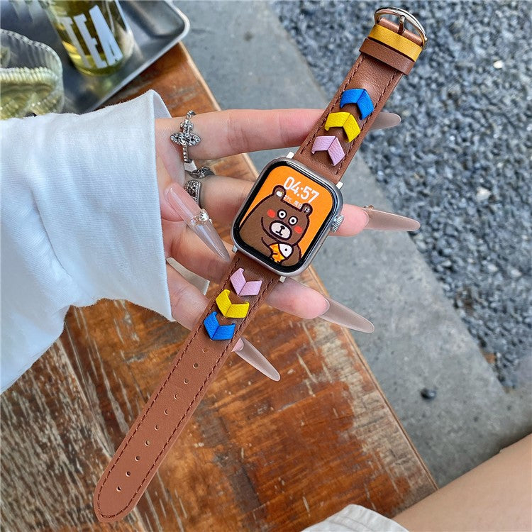 Heart Cowhide Leather Strap for Apple Watch Series 10 46mm / Ultra 2 / Ultra 49mm / 9 8 7 45mm / SE (2023) SE (2022) SE 6 5 4 44mm / 3 2 1 42mm - Brown+Multi-Color