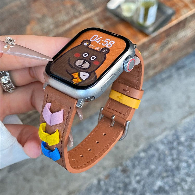 Heart Cowhide Leather Strap for Apple Watch Series 10 46mm / Ultra 2 / Ultra 49mm / 9 8 7 45mm / SE (2023) SE (2022) SE 6 5 4 44mm / 3 2 1 42mm - Brown+Multi-Color