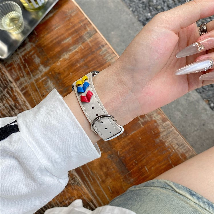 Heart Cowhide Leather Strap for Apple Watch Series 10 42mm / 9 8 7 41mm / SE (2023) SE (2022) SE 6 5 4 40mm / 3 2 1 38mm - Beige+Multi-color