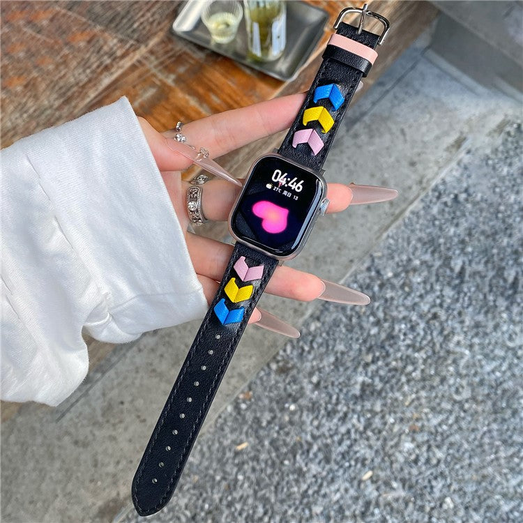 Heart Cowhide Leather Strap for Apple Watch Series 10 42mm / 9 8 7 41mm / SE (2023) SE (2022) SE 6 5 4 40mm / 3 2 1 38mm - Black+Multi-color