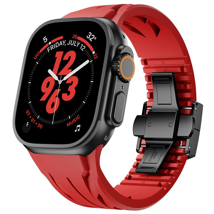 Silicone Watch Strap for Apple Watch Series 10 46mm / Ultra 2 Ultra 49mm / 9 8 7 45mm / SE (2023) SE (2022) SE 6 5 4 44mm / 3 2 1 42mm Butterfly Clasp Band - Red