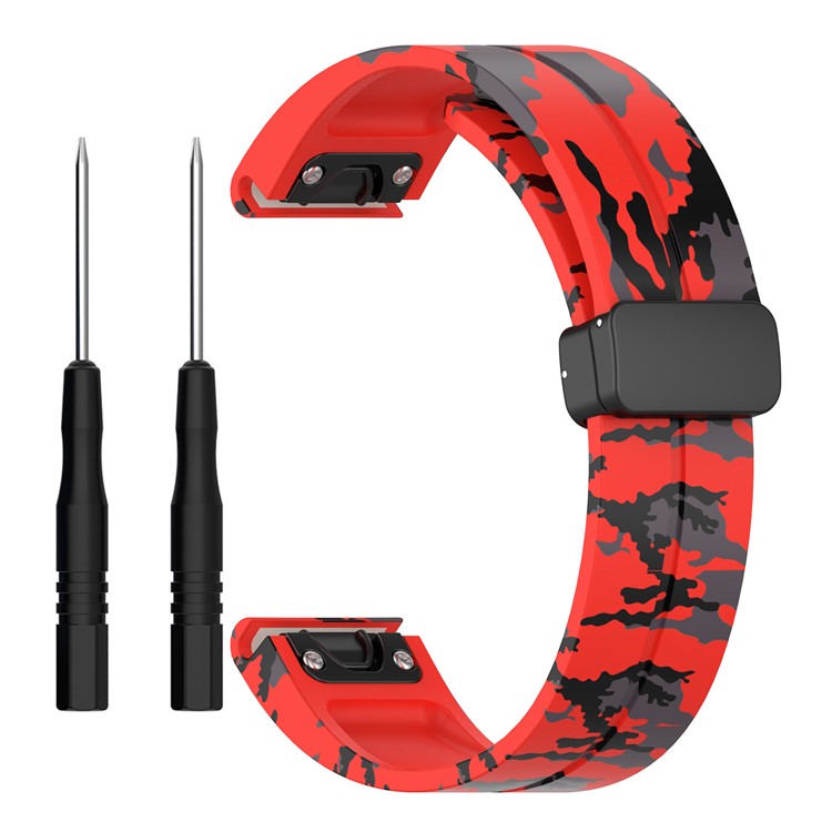22mm Watch Strap For Garmin Fenix 8 47mm  /  Fenix 7  /  6 Camouflage Silicone Watchband with Magnetic Black Buckle - Camo Red