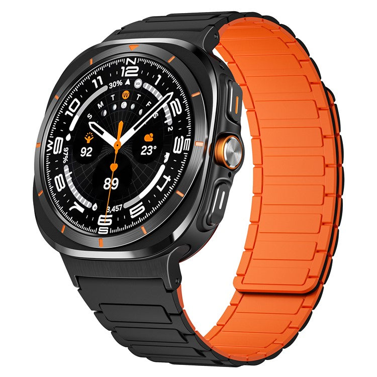 For Samsung Galaxy Watch Ultra 47mm Silicone Band Magnetic Sport Band Strap - Black+Orange / Black Connector
