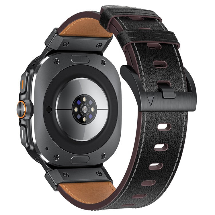 For Samsung Galaxy Watch Ultra 47mm Genuine Cow Leather Watch Band Minimalist Sport Strap - Black / Napa Texture