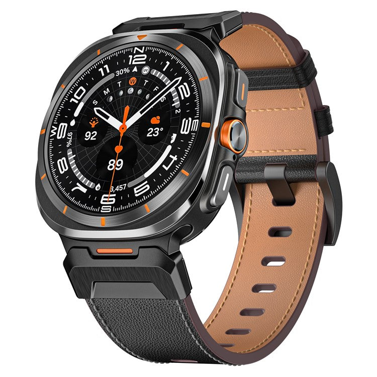 For Samsung Galaxy Watch Ultra 47mm Genuine Cow Leather Watch Band Minimalist Sport Strap - Black / Napa Texture