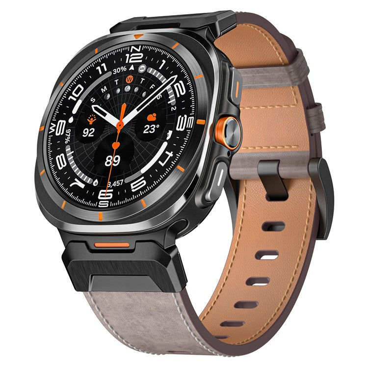 For Samsung Galaxy Watch Ultra 47mm Genuine Cow Leather Watch Band Minimalist Sport Strap - Light Grey / Waxed Texture