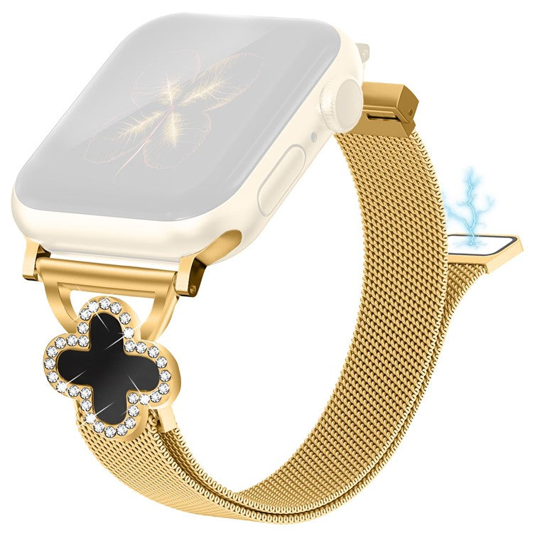Milanese Band For Apple Watch Series 10 Ultra 9 8 7 SE 6 5 4 3 2 1 46mm 49mm 45mm 44mm 42mm Watch Strap with Clover Connector, Size: S - Gold / Black Shell