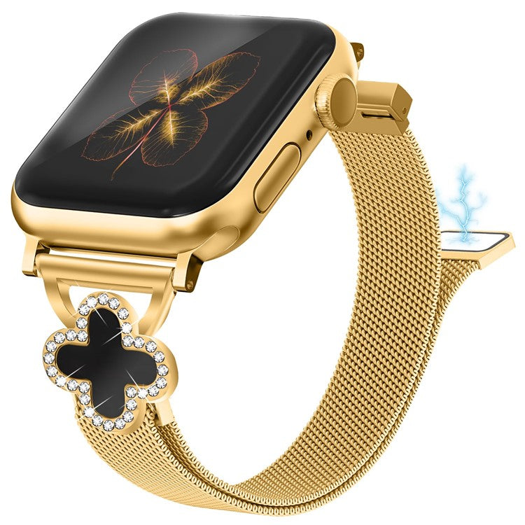 Milanese Band For Apple Watch Series 10 Ultra 9 8 7 SE 6 5 4 3 2 1 46mm 49mm 45mm 44mm 42mm Watch Strap with Clover Connector, Size: S - Gold / Black Shell
