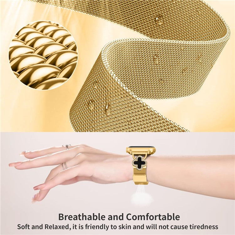 Milanese Band For Apple Watch Series 10 Ultra 9 8 7 SE 6 5 4 3 2 1 46mm 49mm 45mm 44mm 42mm Watch Strap with Clover Connector, Size: S - Gold / Black Shell