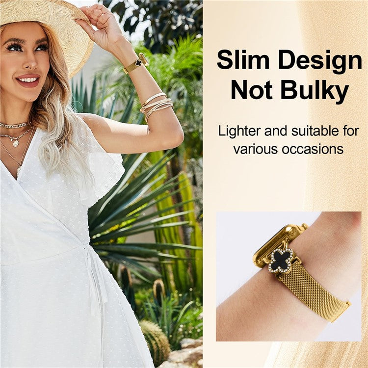 Milanese Band For Apple Watch Series 10 Ultra 9 8 7 SE 6 5 4 3 2 1 46mm 49mm 45mm 44mm 42mm Watch Strap with Clover Connector, Size: S - Gold / Black Shell