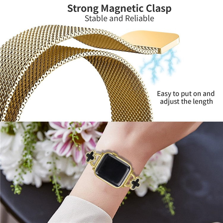 Milanese Band For Apple Watch Series 10 Ultra 9 8 7 SE 6 5 4 3 2 1 46mm 49mm 45mm 44mm 42mm Watch Strap with Clover Connector, Size: S - Gold / Black Shell