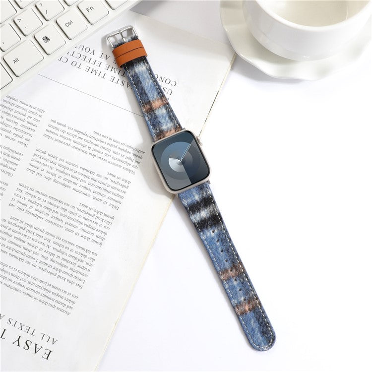 Watchband For Apple Watch Series 10 42mm / 9 8 7 41mm / SE 6 5 4 40mm / 3 2 1 38mm Wool Fabric Grid Watch Strap - Grid Dark Blue
