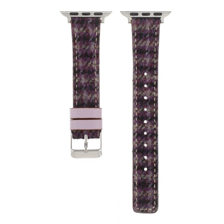 Watch Strap For Apple Watch Series 10 42mm  /  9 8 7 41mm  /  SE 6 5 4 40mm  /  3 2 1 38mm Grid Leather Wool Watchband - Purple
