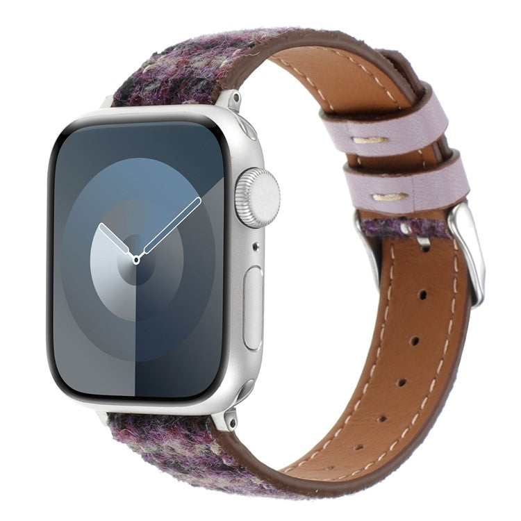 Watch Strap For Apple Watch Series 10 42mm  /  9 8 7 41mm  /  SE 6 5 4 40mm  /  3 2 1 38mm Grid Leather Wool Watchband - Purple