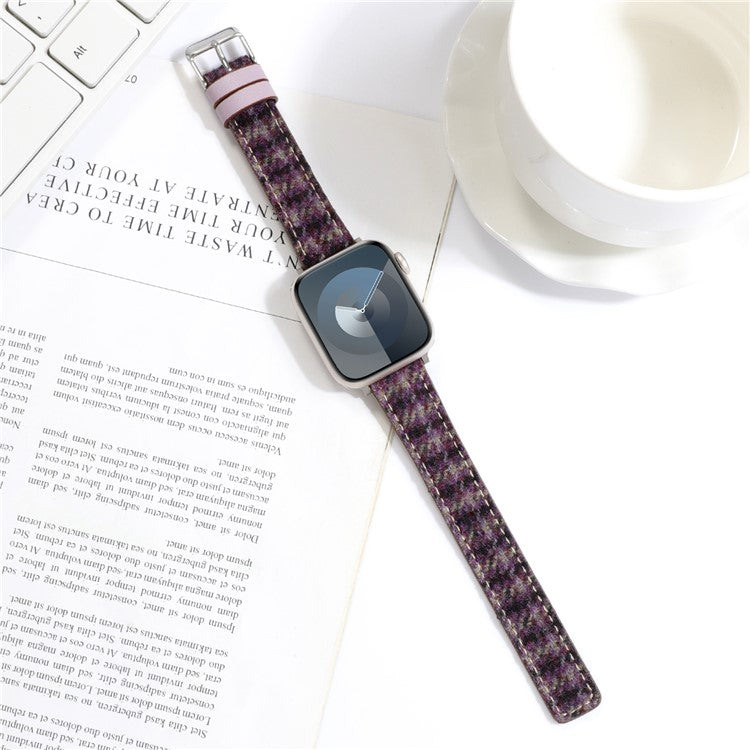 Watch Strap For Apple Watch Series 10 42mm  /  9 8 7 41mm  /  SE 6 5 4 40mm  /  3 2 1 38mm Grid Leather Wool Watchband - Purple