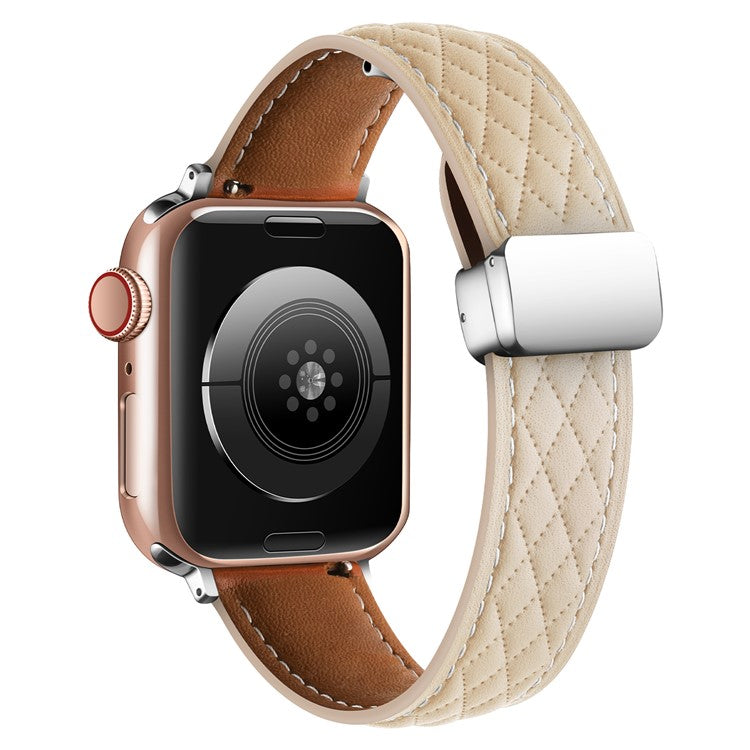 Leather Watch Band For Apple Watch Series 9 8 7 41mm / SE (2023) SE (2022) SE 6 5 4 40mm / 3 2 1 38mm Rhombus Texture Strap with Folding Buckle - Apricot