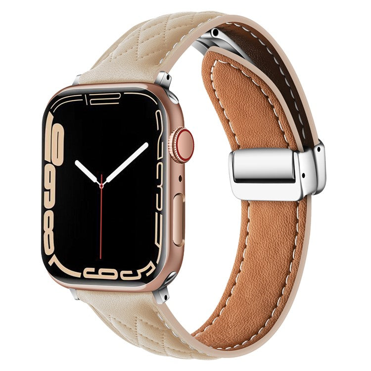 Leather Watch Band For Apple Watch Series 9 8 7 41mm / SE (2023) SE (2022) SE 6 5 4 40mm / 3 2 1 38mm Rhombus Texture Strap with Folding Buckle - Apricot