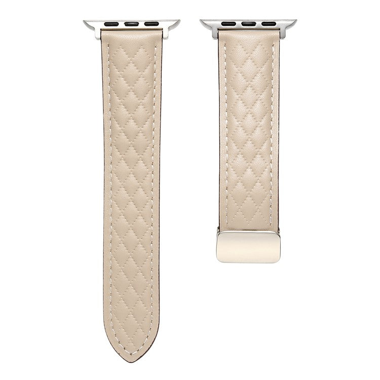 Leather Watch Band For Apple Watch Series 9 8 7 41mm / SE (2023) SE (2022) SE 6 5 4 40mm / 3 2 1 38mm Rhombus Texture Strap with Folding Buckle - Apricot