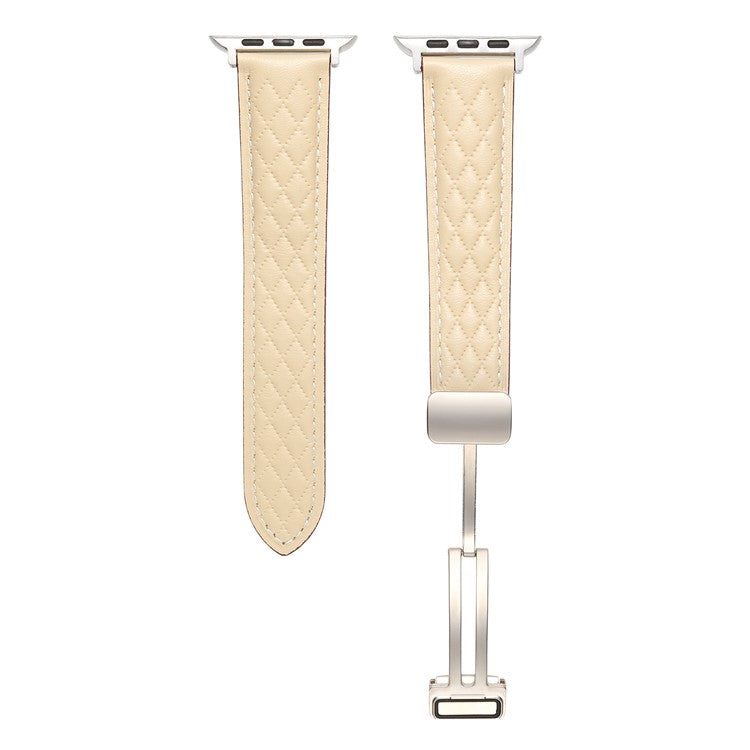 Leather Watch Band For Apple Watch Series 9 8 7 41mm / SE (2023) SE (2022) SE 6 5 4 40mm / 3 2 1 38mm Rhombus Texture Strap with Folding Buckle - Apricot