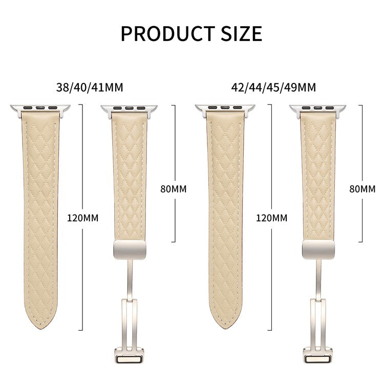 Leather Watch Band For Apple Watch Series 9 8 7 41mm / SE (2023) SE (2022) SE 6 5 4 40mm / 3 2 1 38mm Rhombus Texture Strap with Folding Buckle - Apricot