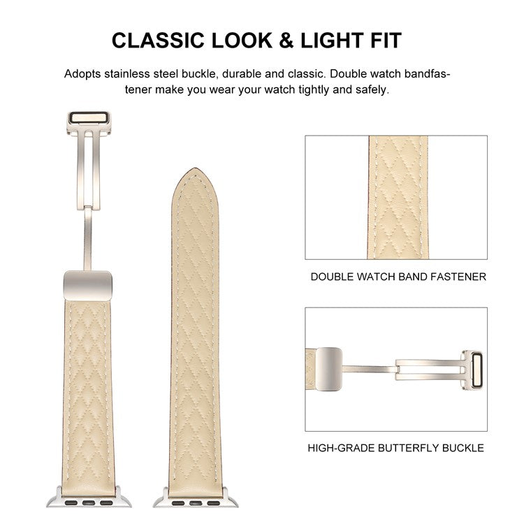 Leather Watch Band For Apple Watch Series 9 8 7 41mm / SE (2023) SE (2022) SE 6 5 4 40mm / 3 2 1 38mm Rhombus Texture Strap with Folding Buckle - Apricot