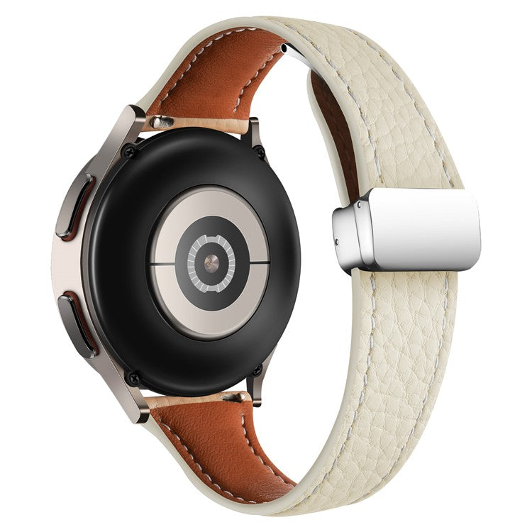 For Samsung Galaxy Watch6 / Watch6 Classic Leather Band 20mm Litchi Texture Strap with Folding Buckle - Beige
