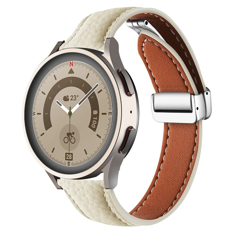 For Samsung Galaxy Watch6 / Watch6 Classic Leather Band 20mm Litchi Texture Strap with Folding Buckle - Beige