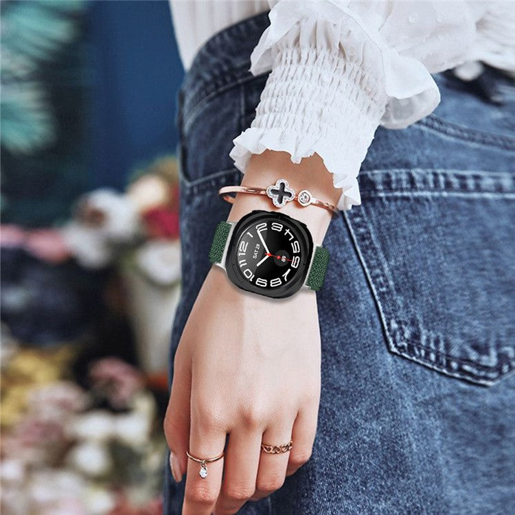 For Samsung Galaxy Watch Ultra 47mm Nylon Watch Band Adjustable Elastic Wrist Strap with Silver Connector - Army Green