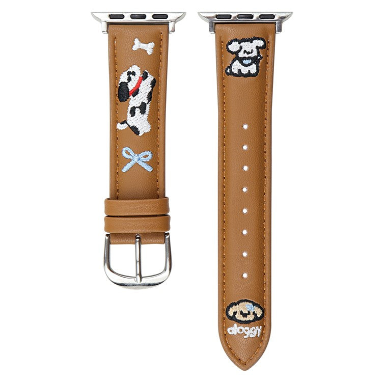 Embroidered Puppy Leather Strap for Apple Watch Series 10 46mm / Ultra 2 / Ultra 49mm / 9 8 7 45mm / SE (2023) SE (2022) SE 6 5 4 44mm / 3 2 1 42mm - Brown
