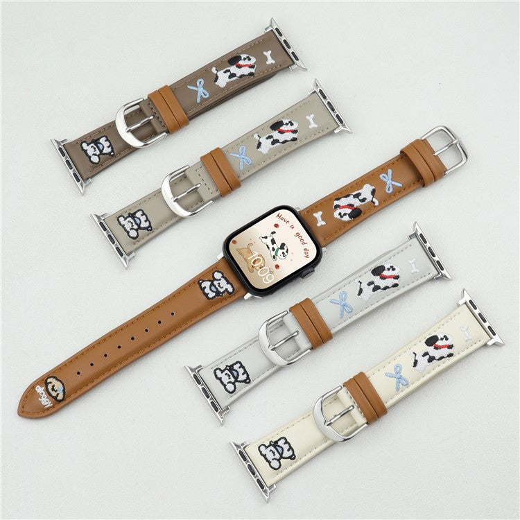 Embroidered Puppy Leather Strap for Apple Watch Series 10 46mm / Ultra 2 / Ultra 49mm / 9 8 7 45mm / SE (2023) SE (2022) SE 6 5 4 44mm / 3 2 1 42mm - Brown