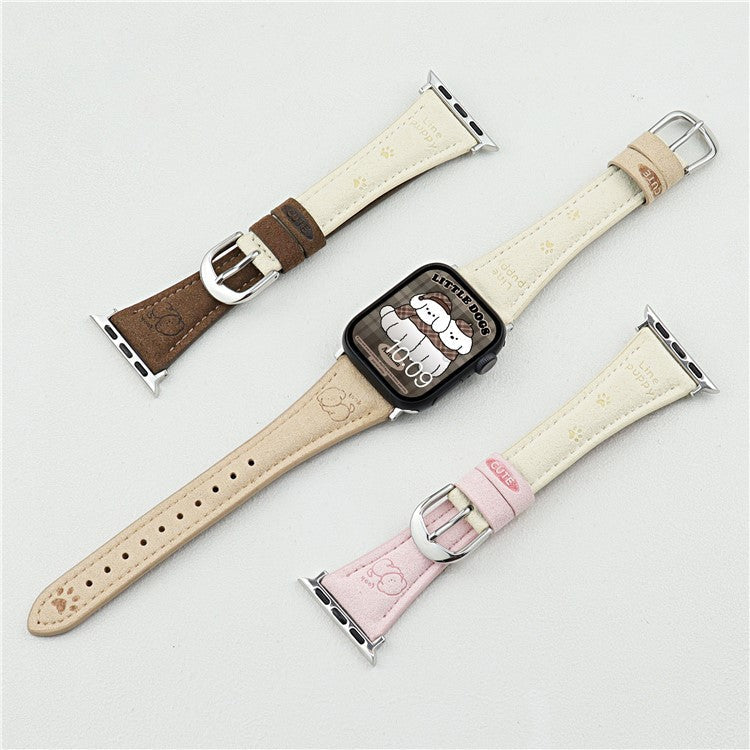 Cartoon Puppy Pattern Leather Strap for Apple Watch Series 10 46mm / Ultra 2 / Ultra 49mm / 9 8 7 45mm / SE (2023) SE (2022) SE 6 5 4 44mm / 3 2 1 42mm - Apricot+White