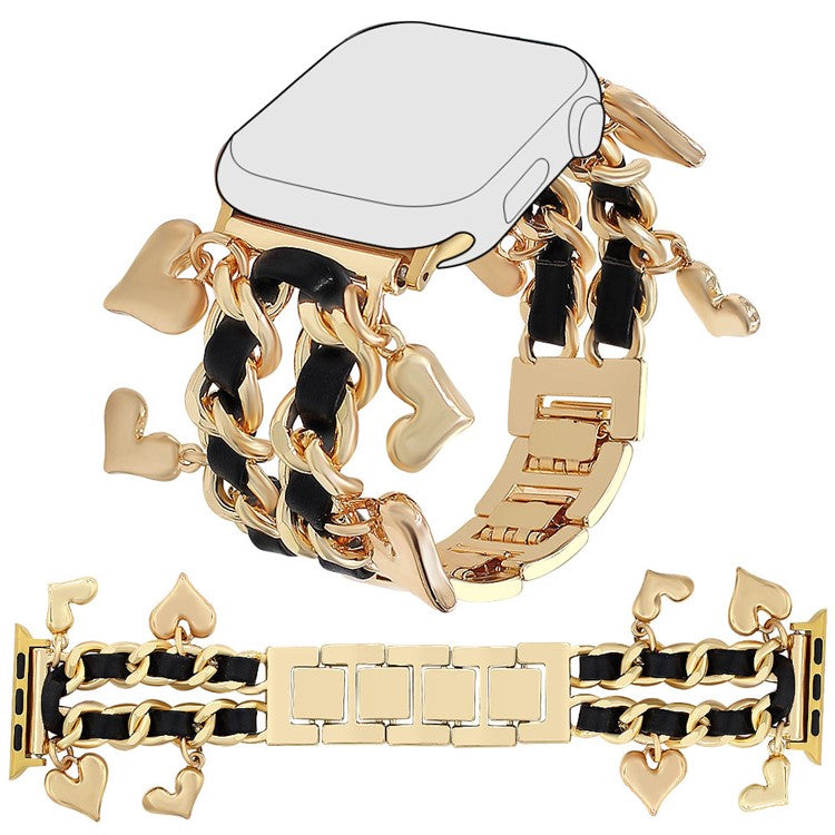 Watch Strap for Apple Watch Series 10 Ultra 9 8 7 SE 6 5 4 3 2 1 46mm 49mm 45mm 44mm 42mm Alloy+Leather Band with Heart Pendant - Gold+Black