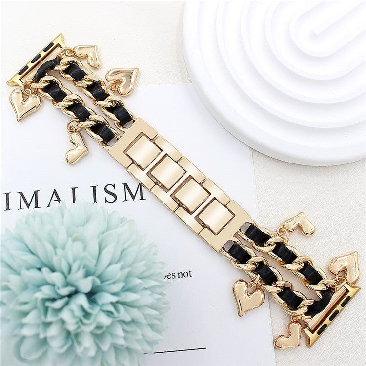 Watch Strap for Apple Watch Series 10 Ultra 9 8 7 SE 6 5 4 3 2 1 46mm 49mm 45mm 44mm 42mm Alloy+Leather Band with Heart Pendant - Gold+Black