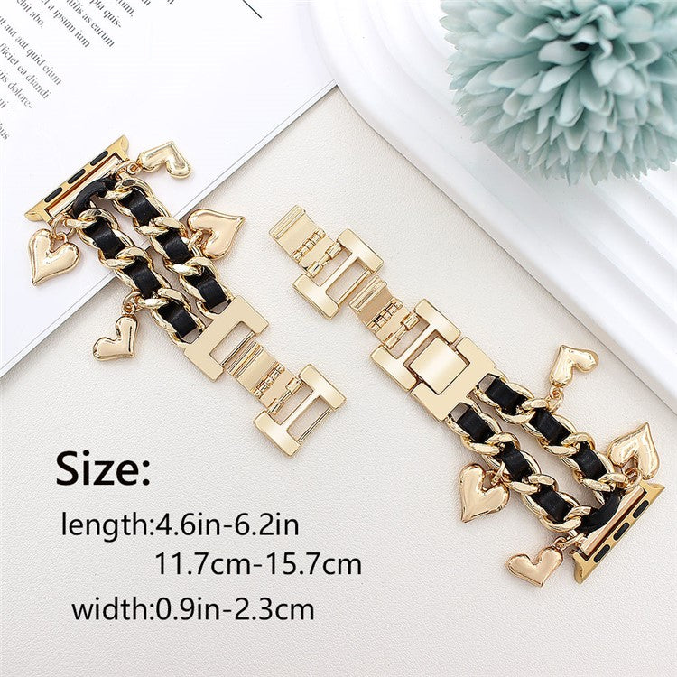 Watch Strap for Apple Watch Series 10 Ultra 9 8 7 SE 6 5 4 3 2 1 46mm 49mm 45mm 44mm 42mm Alloy+Leather Band with Heart Pendant - Gold+Black
