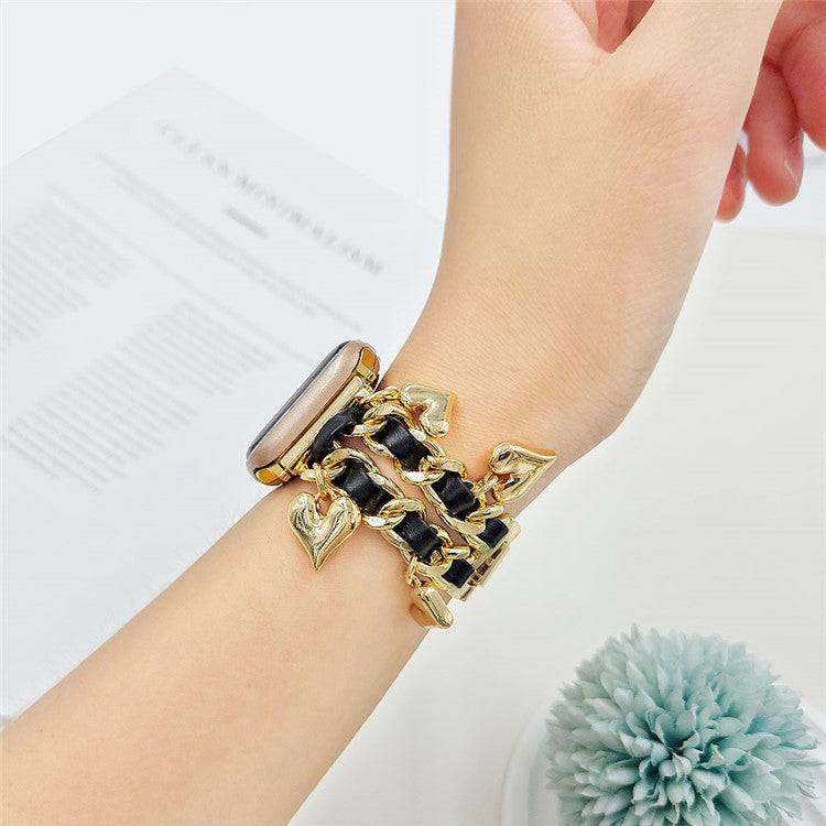 Watch Strap for Apple Watch Series 10 Ultra 9 8 7 SE 6 5 4 3 2 1 46mm 49mm 45mm 44mm 42mm Alloy+Leather Band with Heart Pendant - Gold+Black