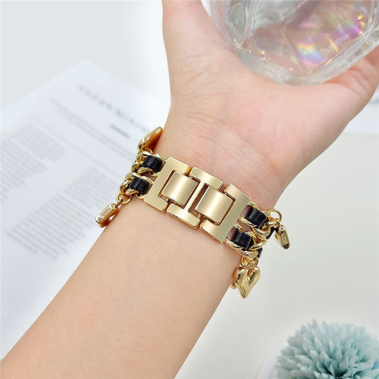 Watch Strap for Apple Watch Series 10 Ultra 9 8 7 SE 6 5 4 3 2 1 46mm 49mm 45mm 44mm 42mm Alloy+Leather Band with Heart Pendant - Gold+Black