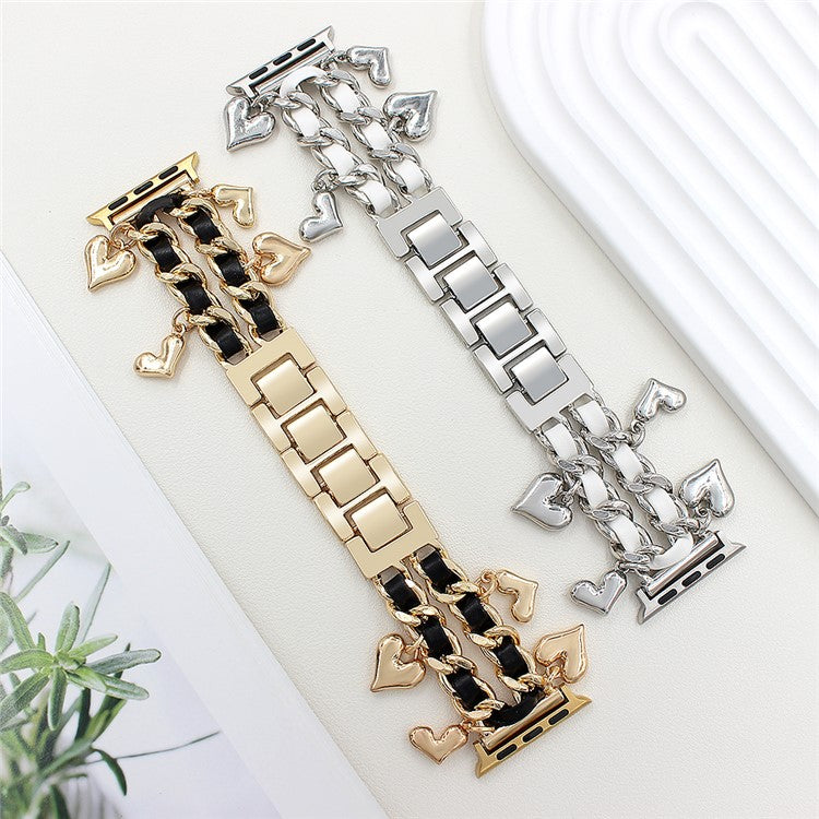 Watch Strap for Apple Watch Series 10 Ultra 9 8 7 SE 6 5 4 3 2 1 46mm 49mm 45mm 44mm 42mm Alloy+Leather Band with Heart Pendant - Gold+Black